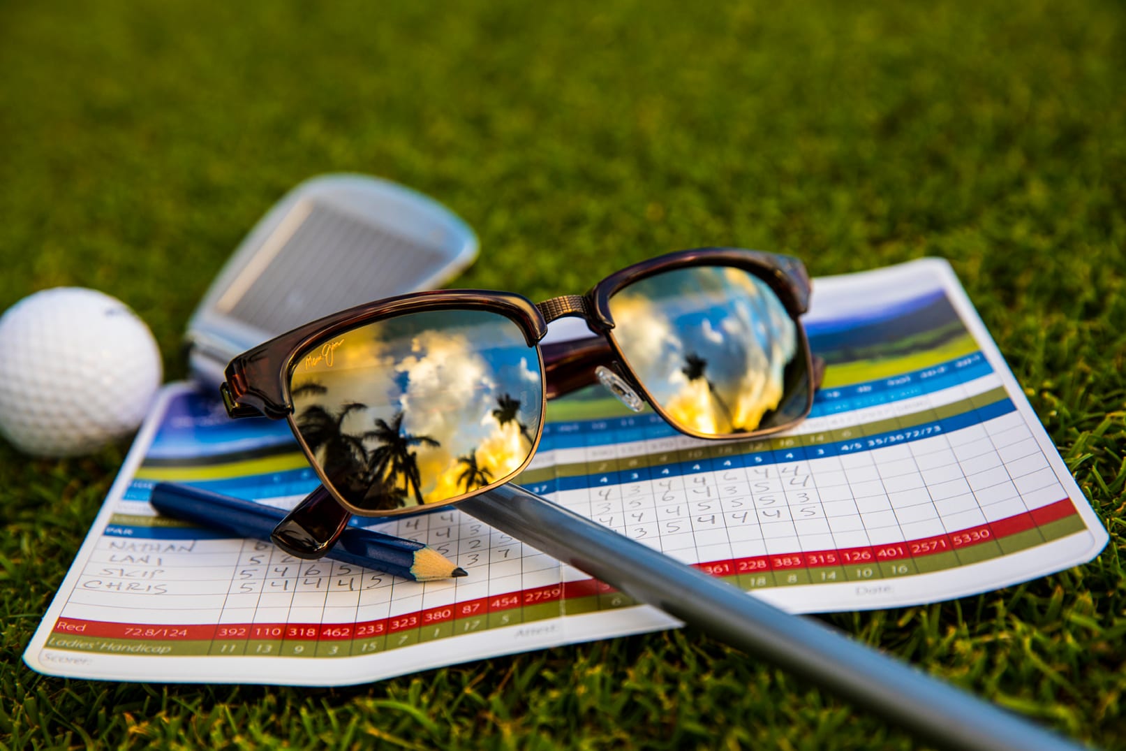 Sonnenbrille auf Golf Scorecards