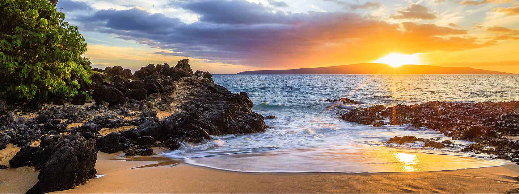 rocky beach shore sunset scene