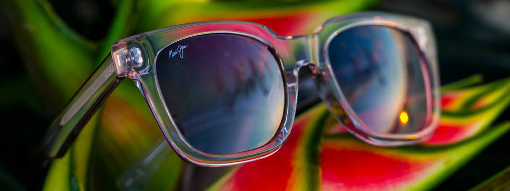 clear sunglass frame with rose lenses displayed over red and green tropical leaves