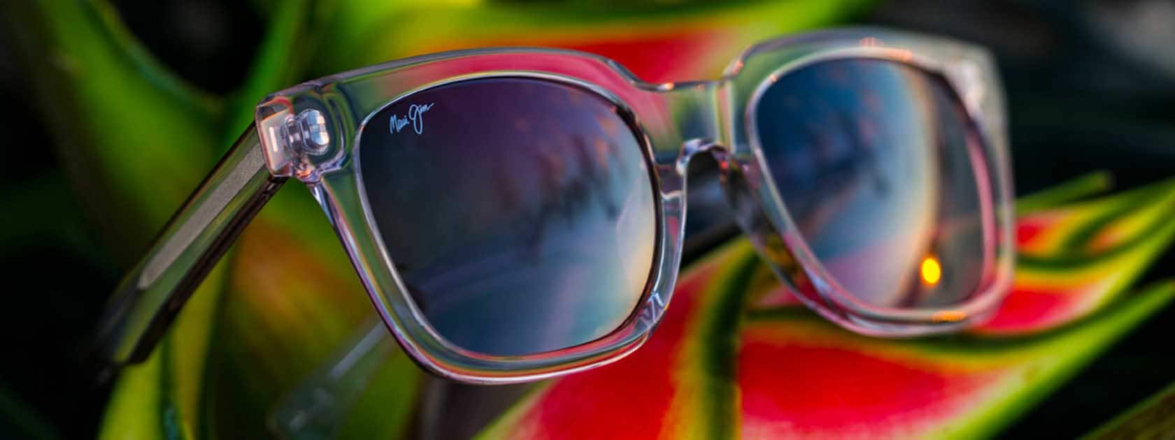 monture de lunettes de soleil transparente avec verres roses présentée sur feuilles tropicales rouges et vertes