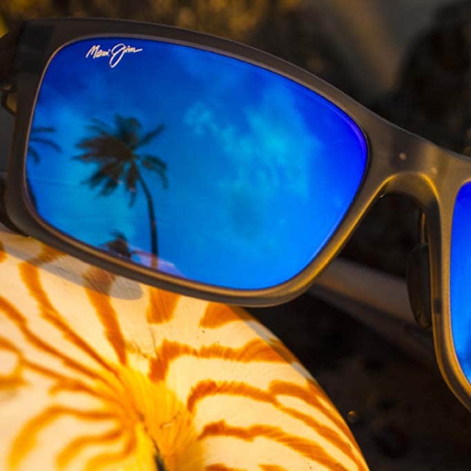 occhiali da sole con montatura grigio fumo e lenti blu mostrati sopra ad una conchiglia