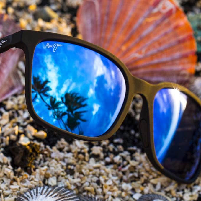 Sonnenbrille mit mattschwarzer Fassung und blauen Gläsern, in denen sich Palmen spiegeln, vor Muscheln