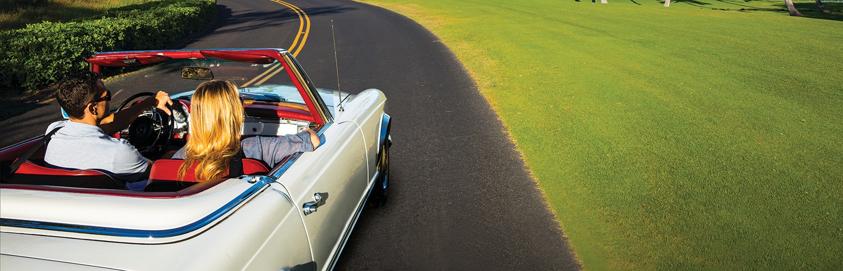 man and woman driving car along side green grass field