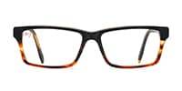 Brille mit schwarz-orangefarbener Fassung und klaren Gläsern