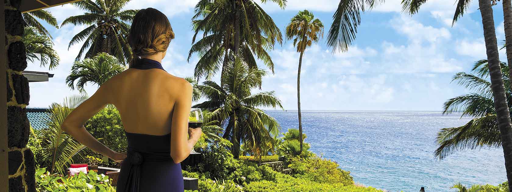 woman wearing dress holding drink looking at the ocean in the distance