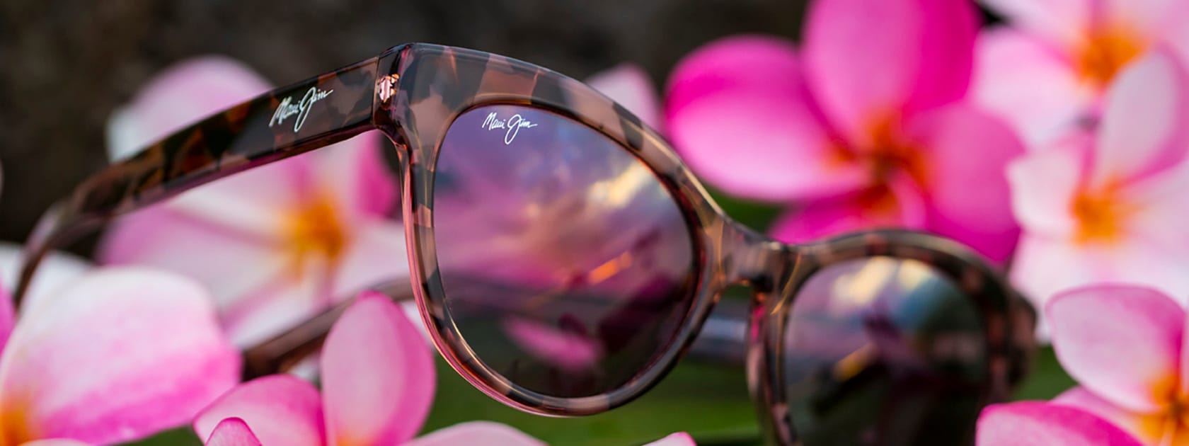 tortoise frame sunglasses displayed over pink flowers