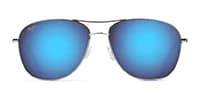 sunglasses with silver frame and a blue lens