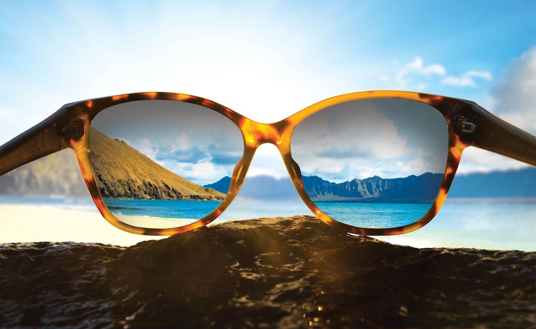 looking through tortoise frame sunglasses to see oceanside cliffs